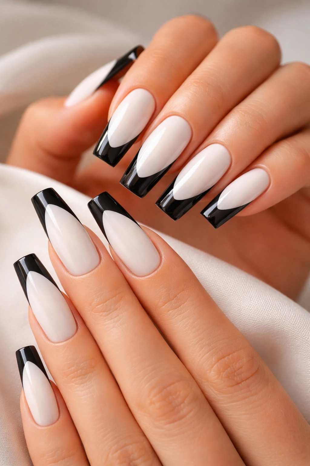 White base with black tips reverse French coffin nails