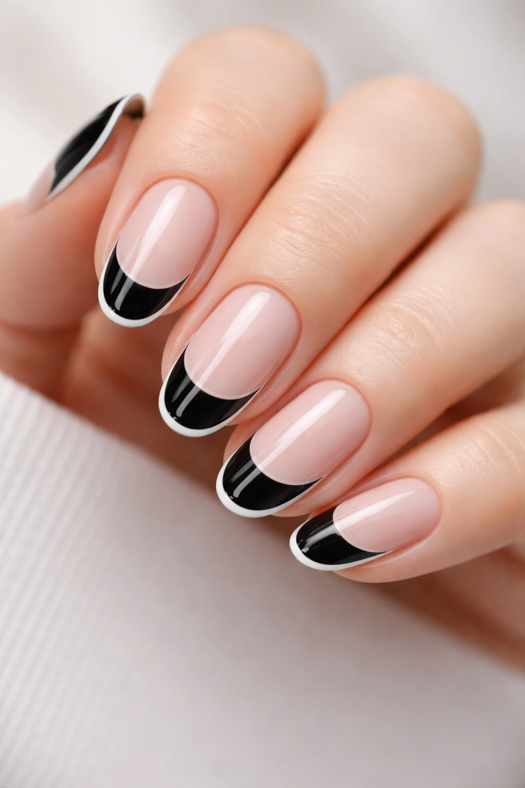 Close-up of short oval nails with white outlines around black tips
