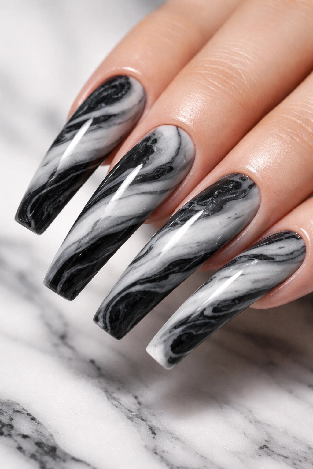 Black and white marble veins on long curved coffin nails