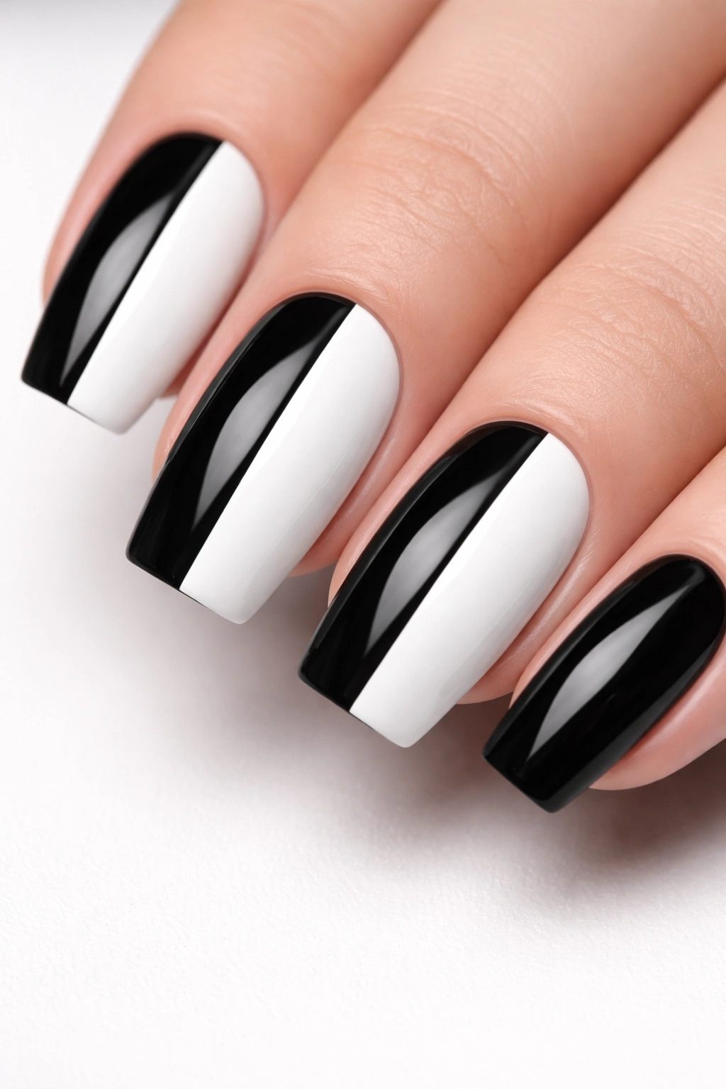 Close-up of nails with a sharp black and white geometric block design