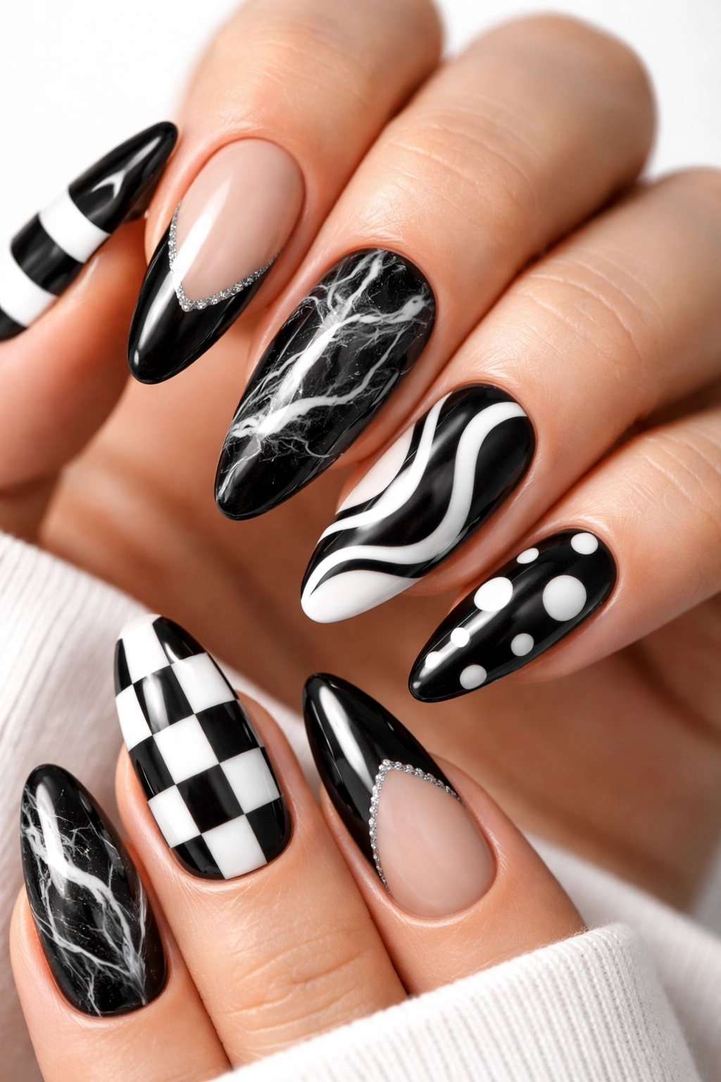 Close-up of black and white nails with marble and geometric patterns.