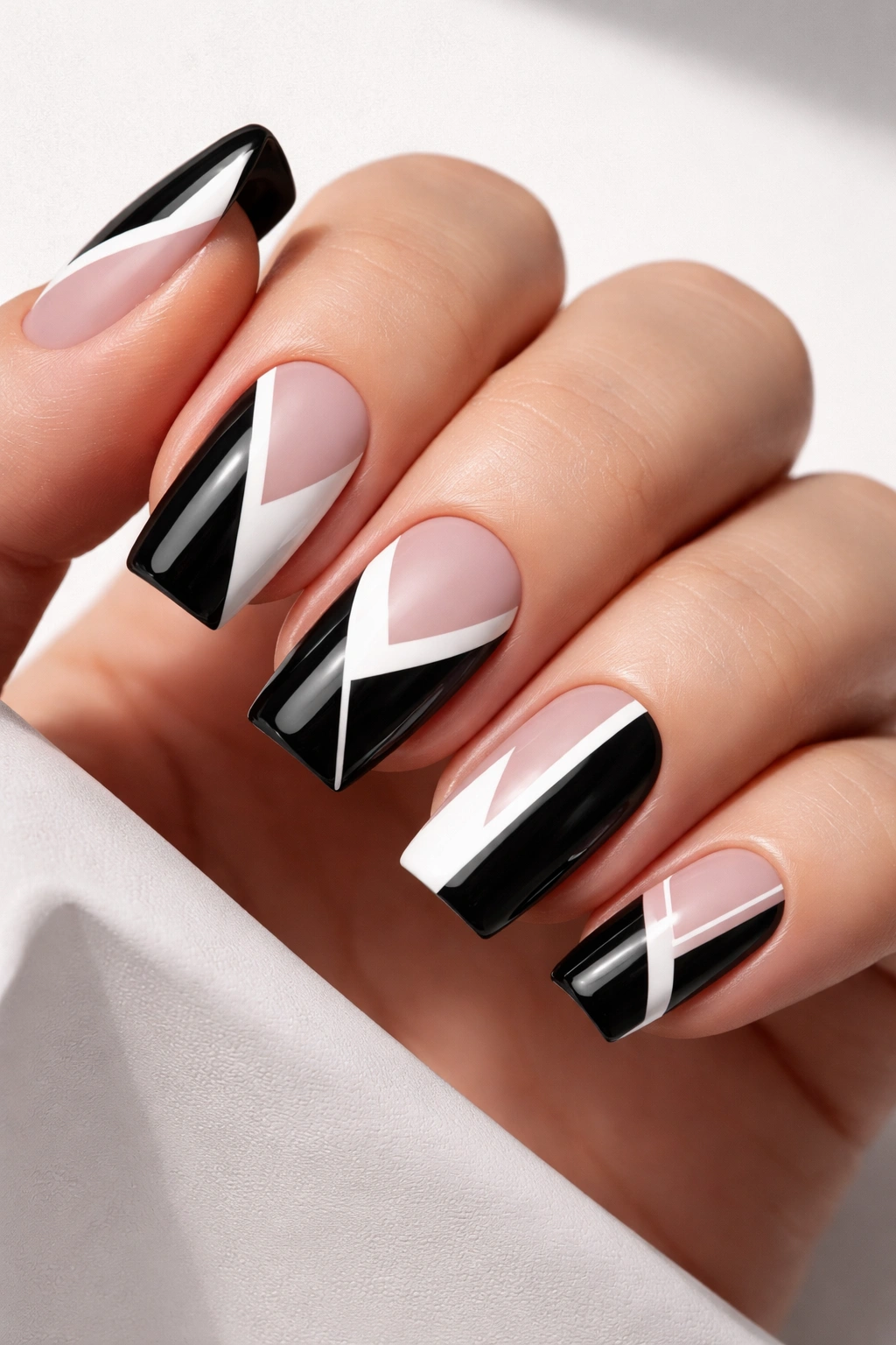 Black and white negative space coffin nails with geometric patterns