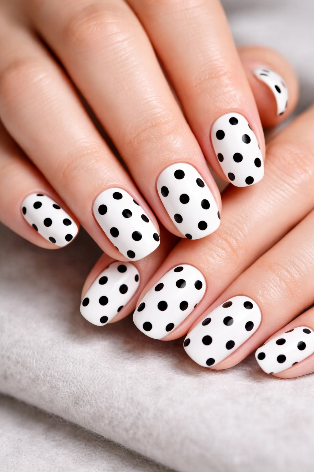Close-up of nails with white base and black polka dots in classic monochrome polka dot manicure