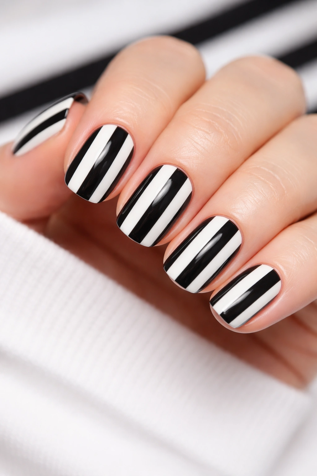 Nails with black and white stripes on short squoval nails