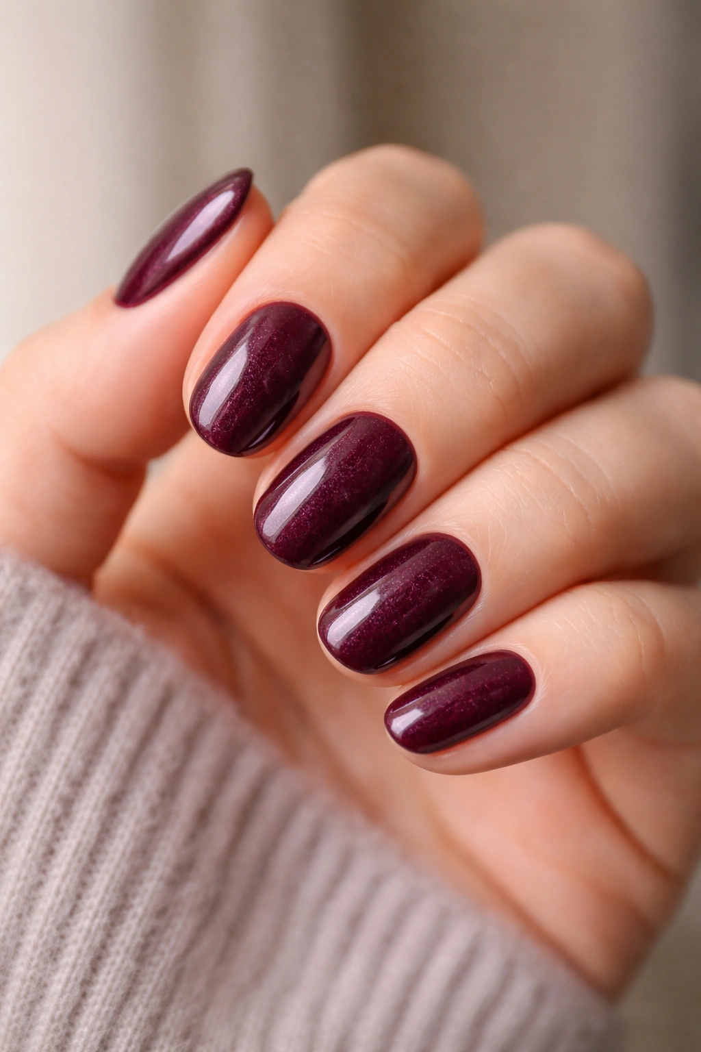 Close-up of blackberry wine short oval nails with deep berry shade
