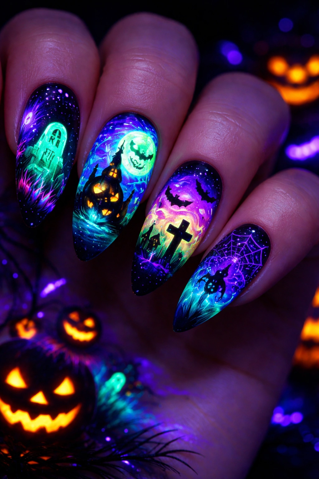 Neon blacklight-reactive Halloween scene on almond nails glowing under UV light