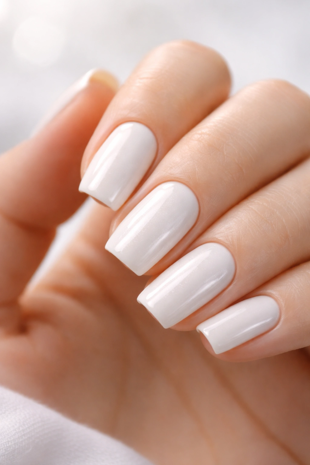 Close-up of nails painted Blanc creamy white with pearlescent glow