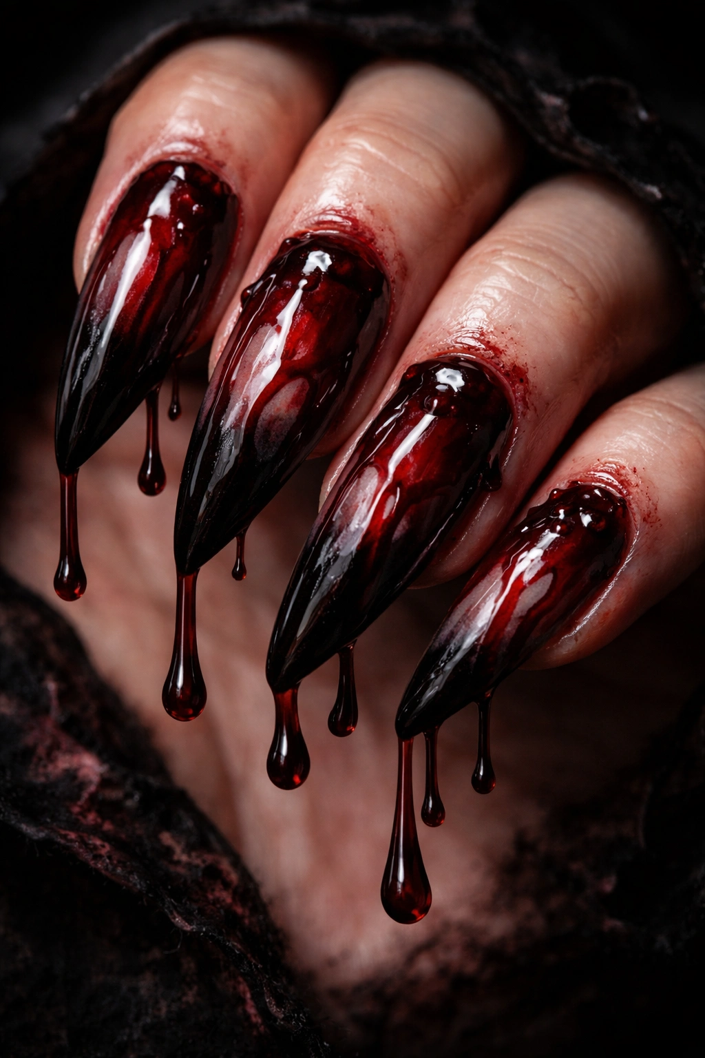 Nails with crimson blood drip patterns from tips