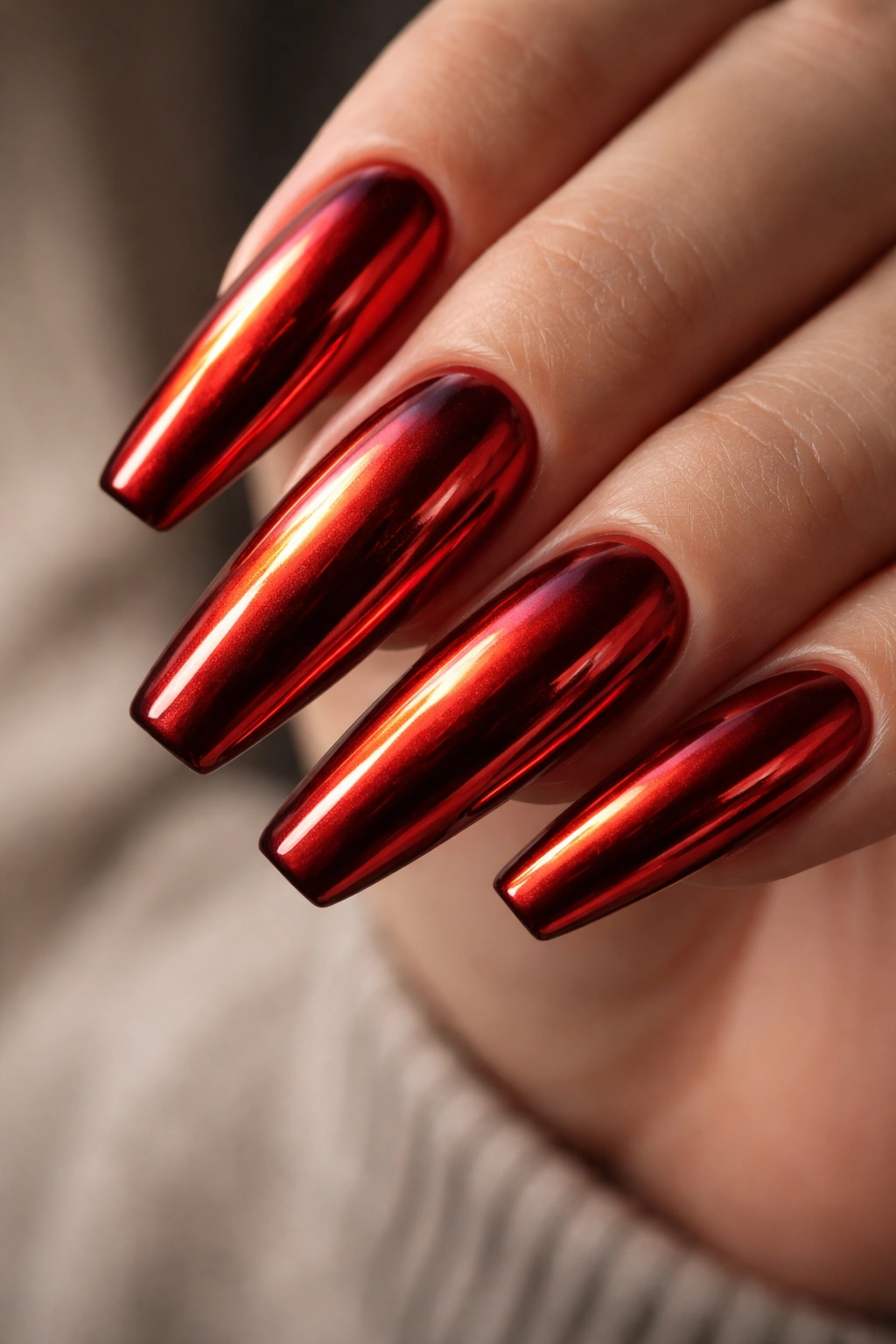 Close-up of long ballerina nails with blood orange chrome reflecting red and copper tones.