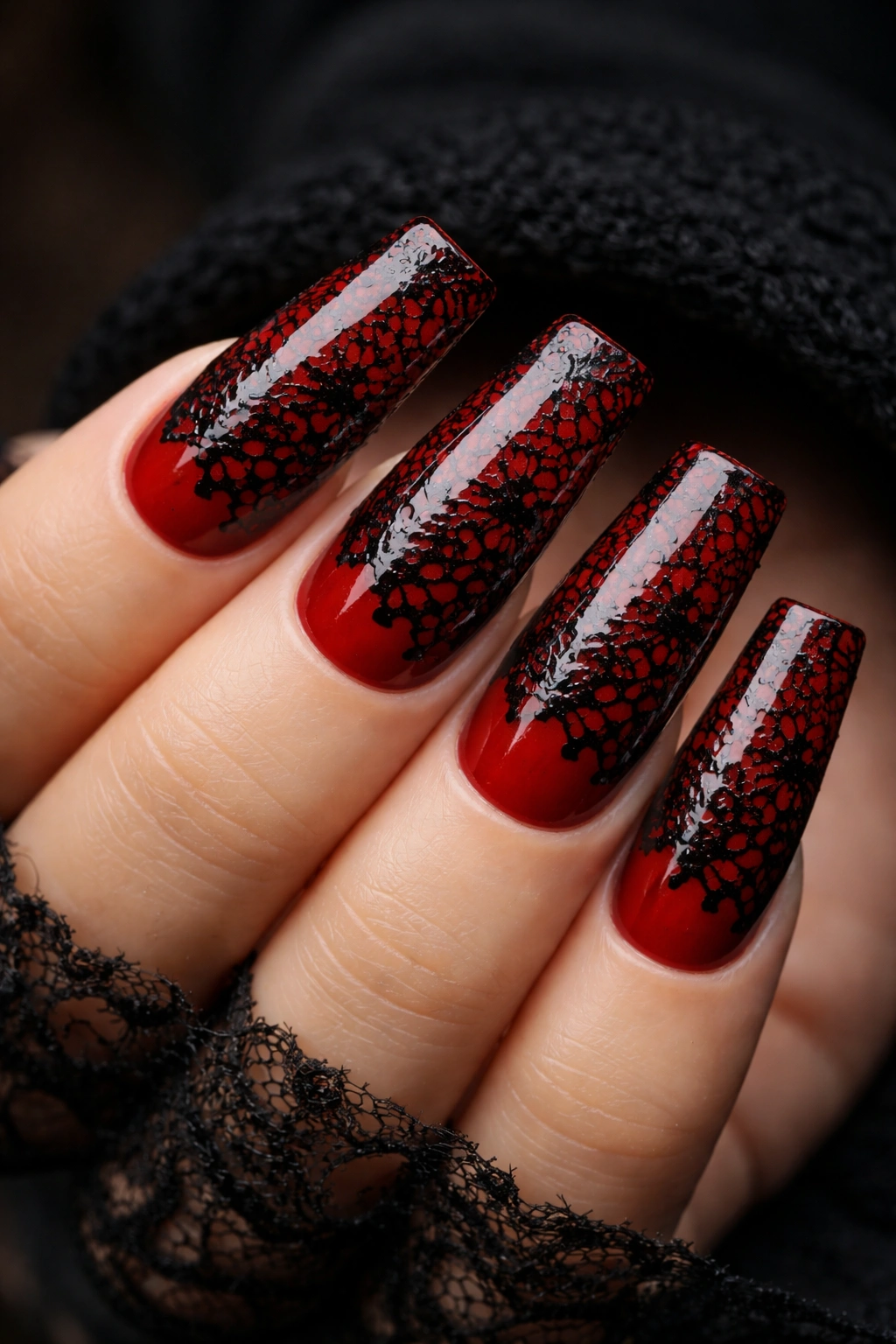 Blood red nails with black lace overlay