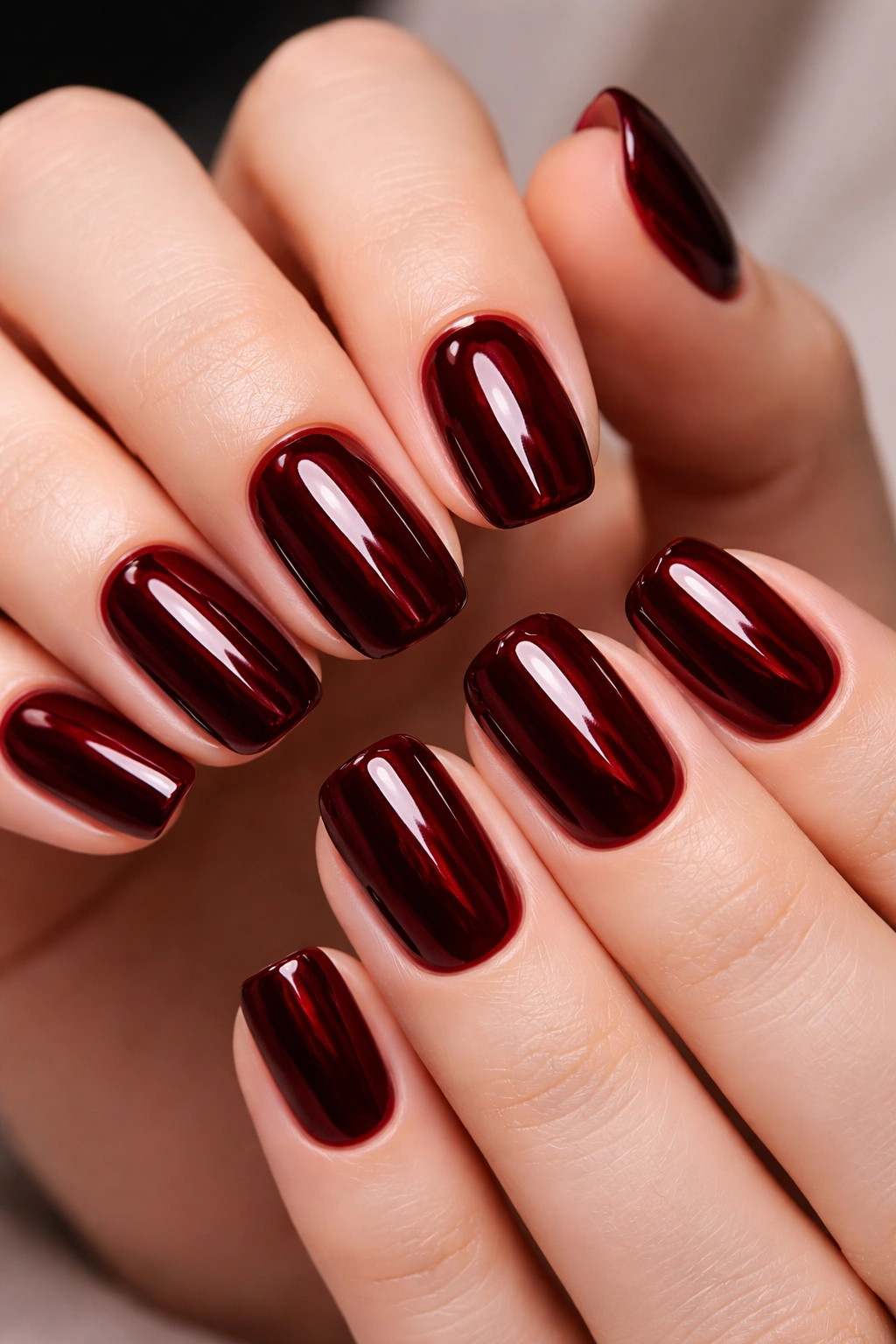 Close-up of hands with deep burgundy glossy manicure