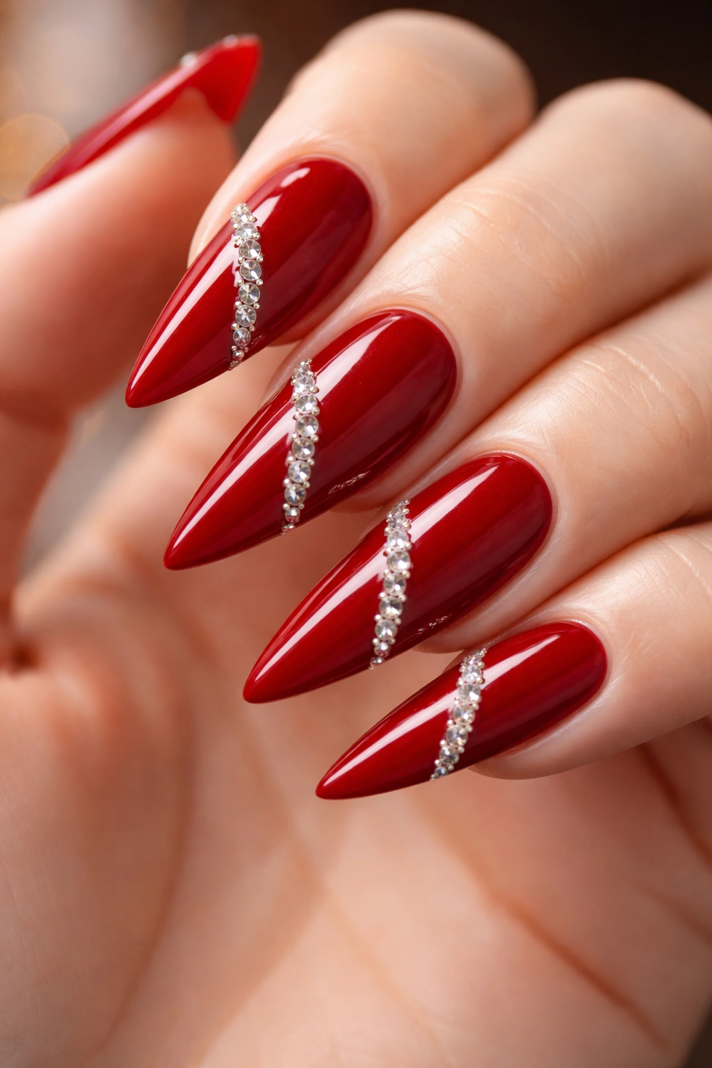 Blood red nails with rhinestones on diagonally placed stones
