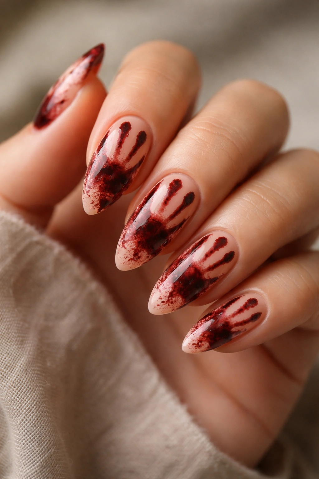 Almond nails with pale nude base and dark red handprint across nails