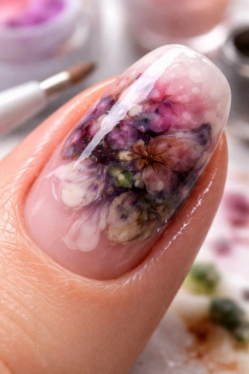 Close-up of a nail with clumpy bloomed gel showing common mistakes
