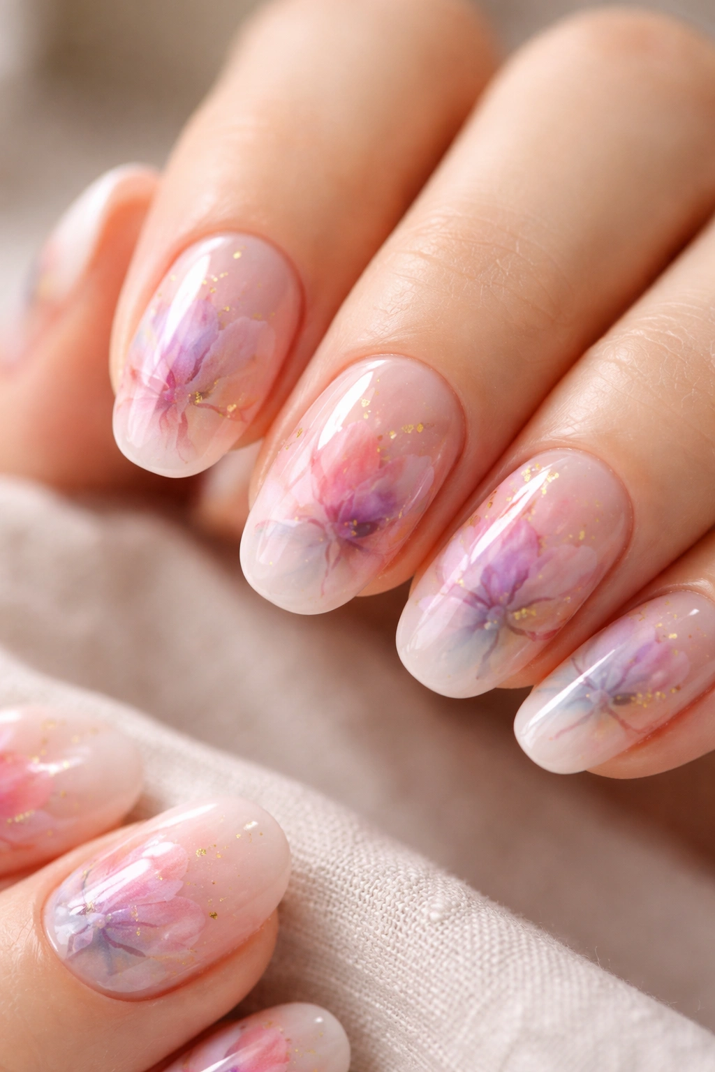 Close-up of blooming gel nail patterns with watercolor petals on nude base