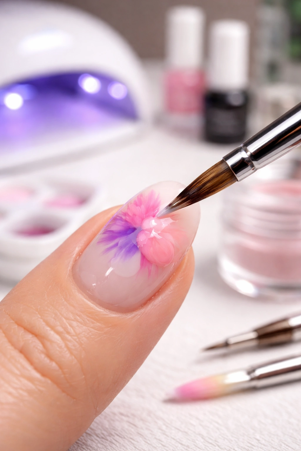 Close-up of a nail being worked on with blooming gel under lamp