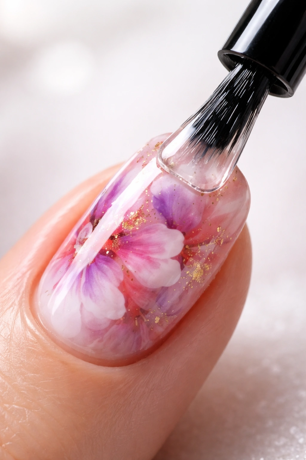 Close-up of blooming gel manicure being sealed with a glossy top coat on a nail