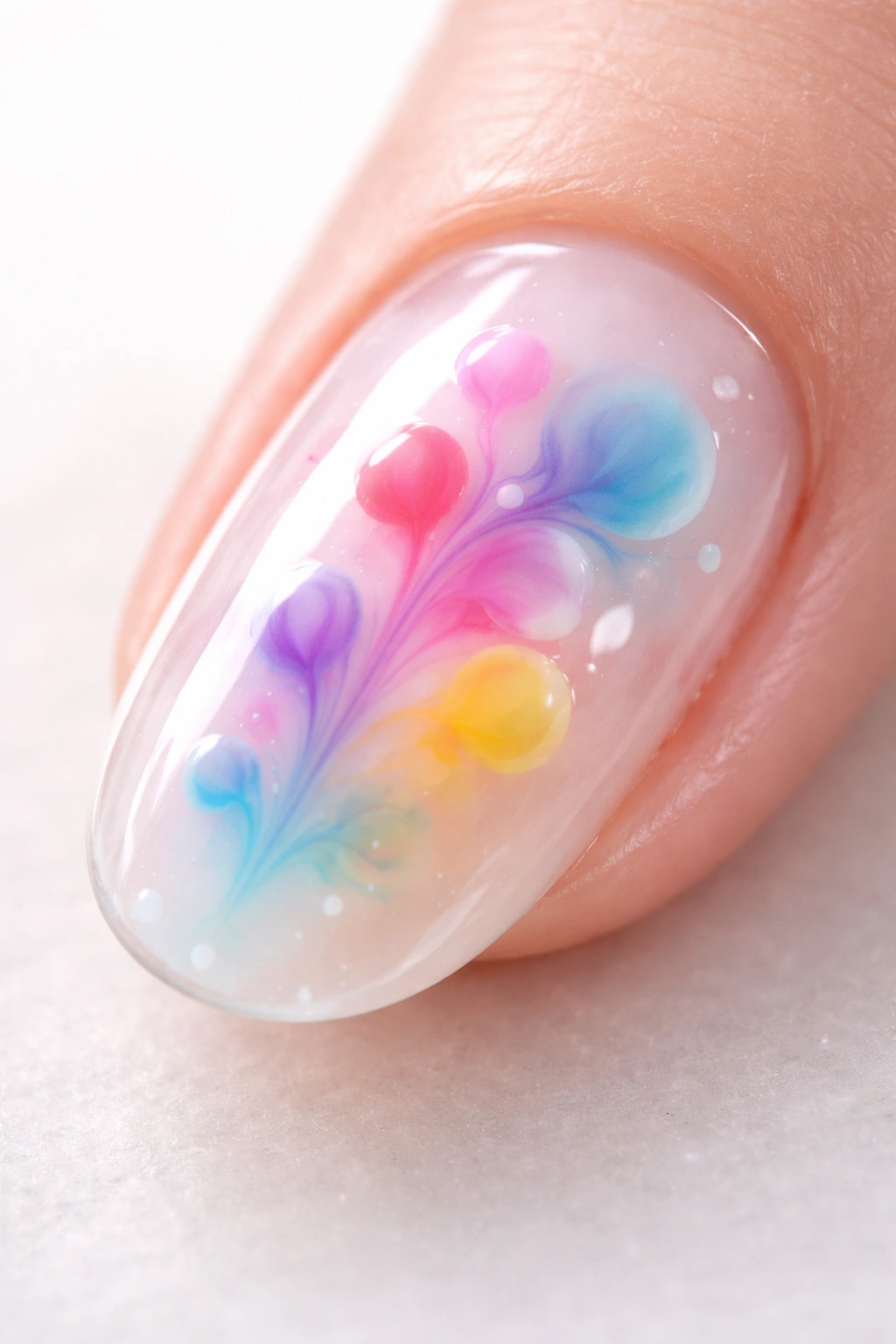 Macro close-up of fingernail with blooming gel and color droplets blooming into watercolor patterns