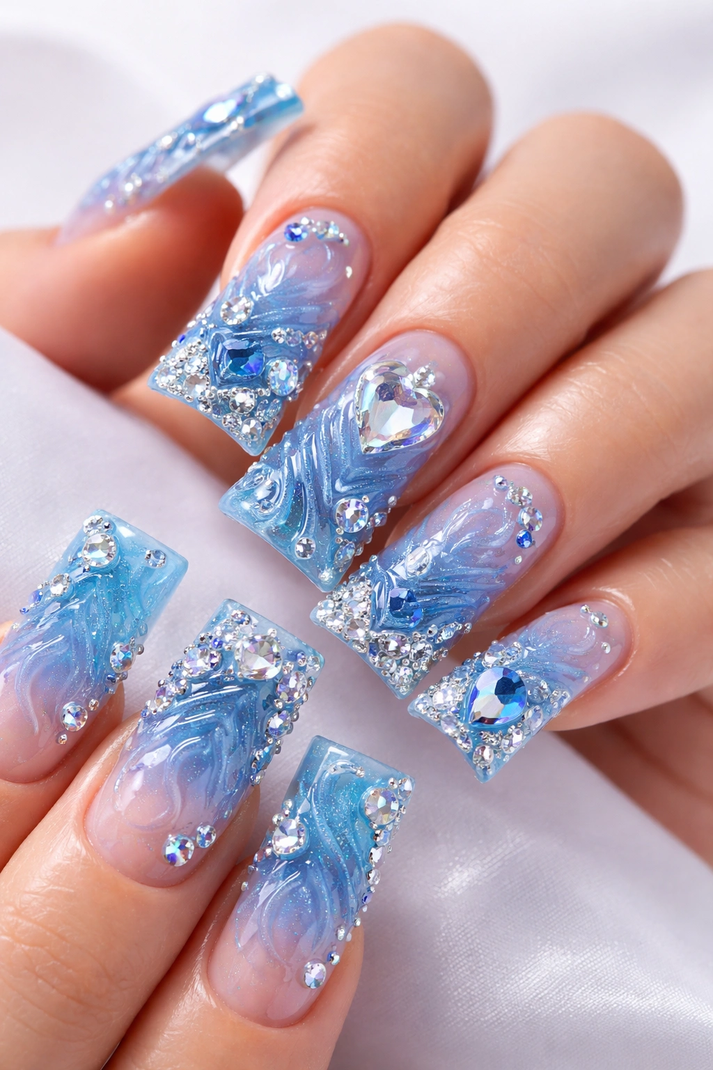 Close up of blue acrylic duck nails with 3D elements and rhinestones on curved tips
