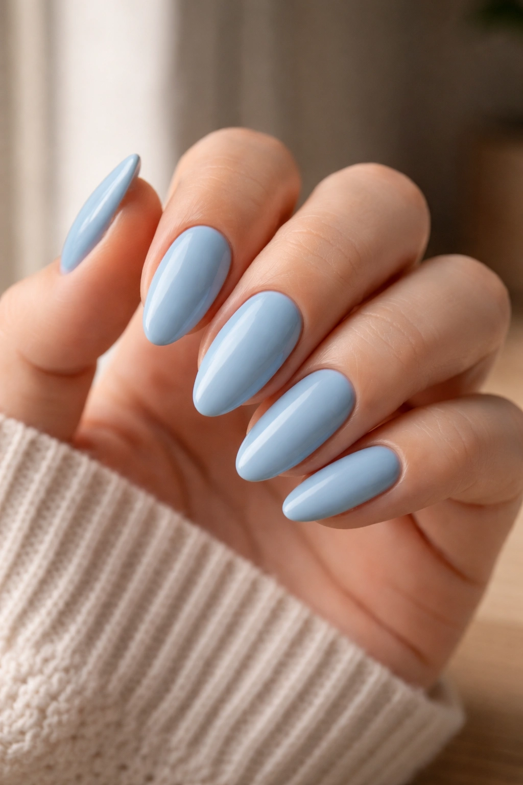 Close-up of blue almond nails in a natural life setting