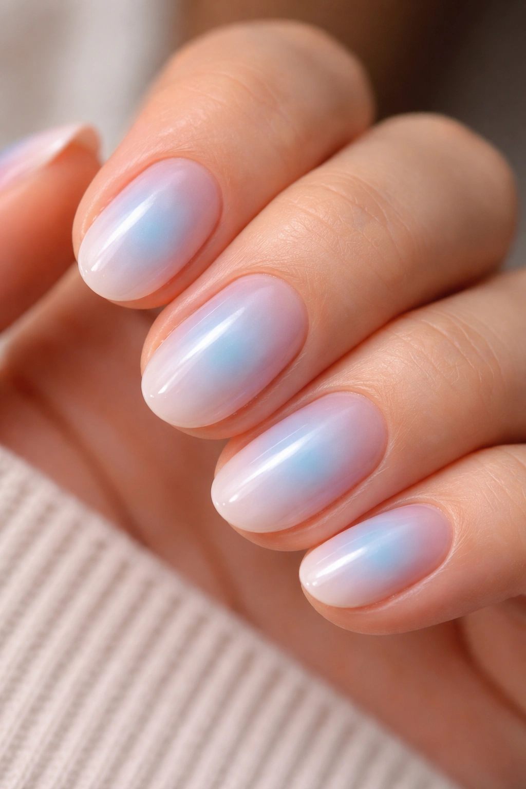 Close-up of blue aura nails on a pink base showing a soft blue center