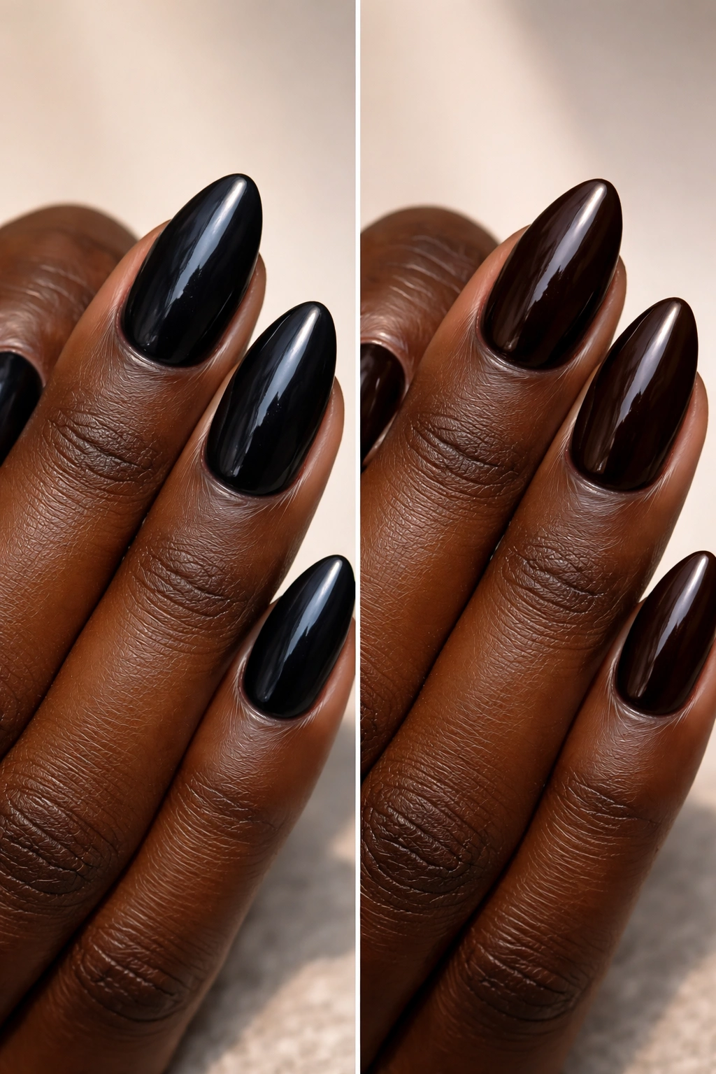 Close-up of dark-skinned hand showing two black shade nail polish undertones