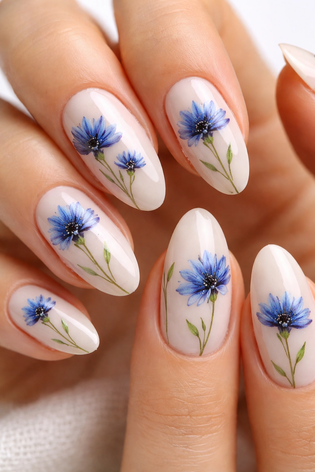 Close-up of blue cornflowers with slim green stems on nude almond nails