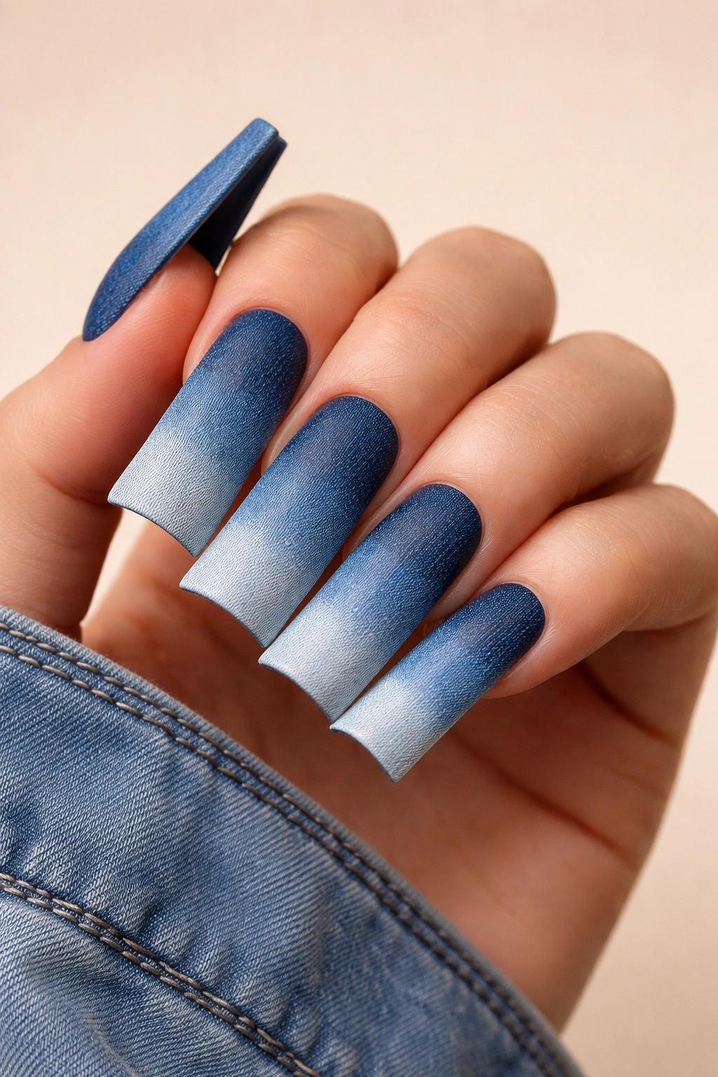 Close-up of blue ombre denim duck nails showing dark indigo to pale blue gradient