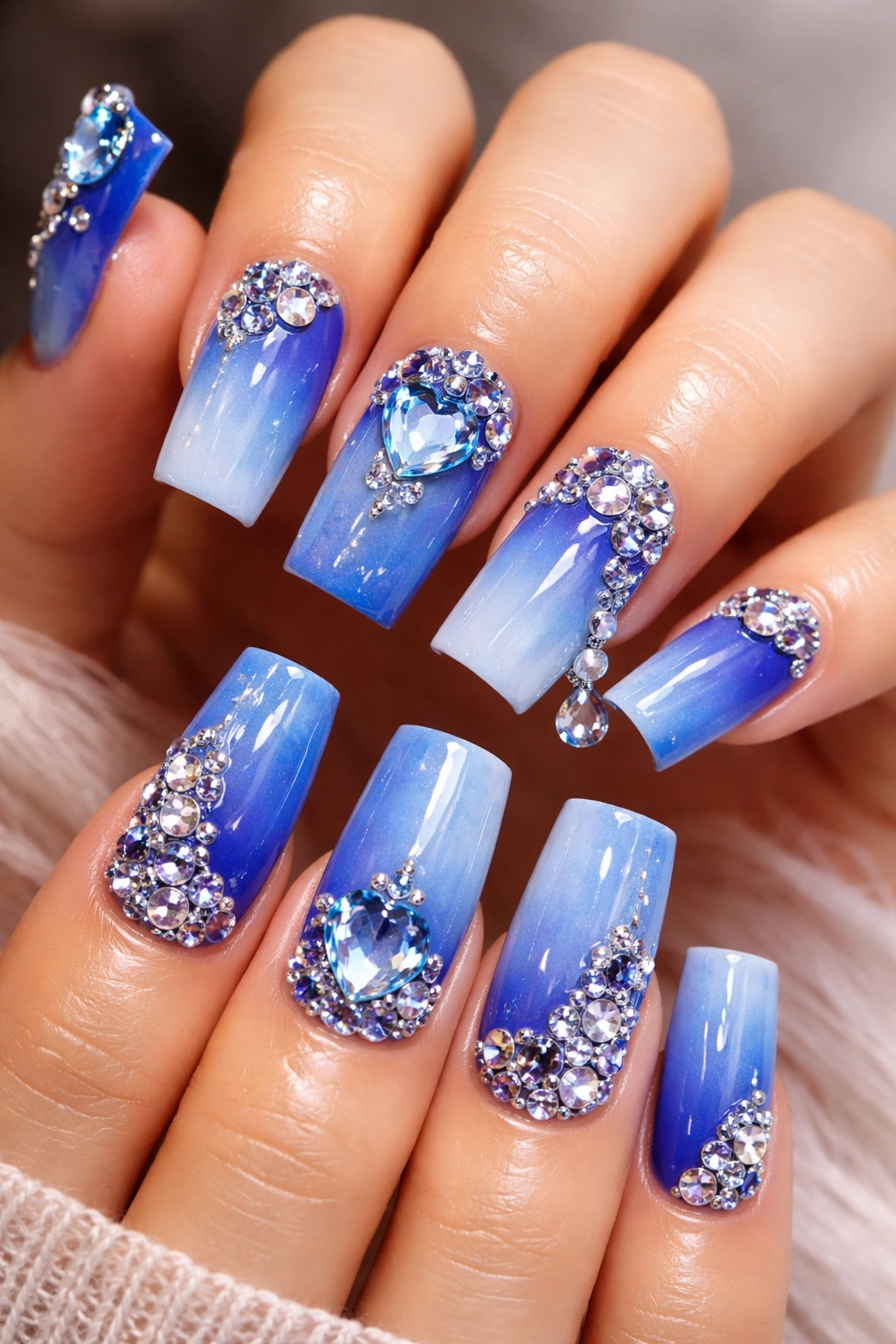 Close-up of blue duck nails with blue gradient and gem accents
