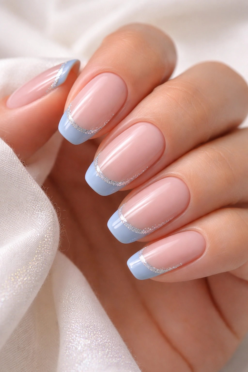 Blue French nails with a thin glitter edge