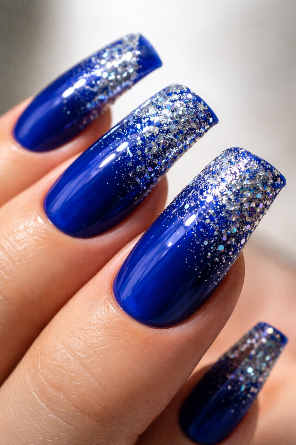 Duck nail with blue base and glitter gradient from base to tip