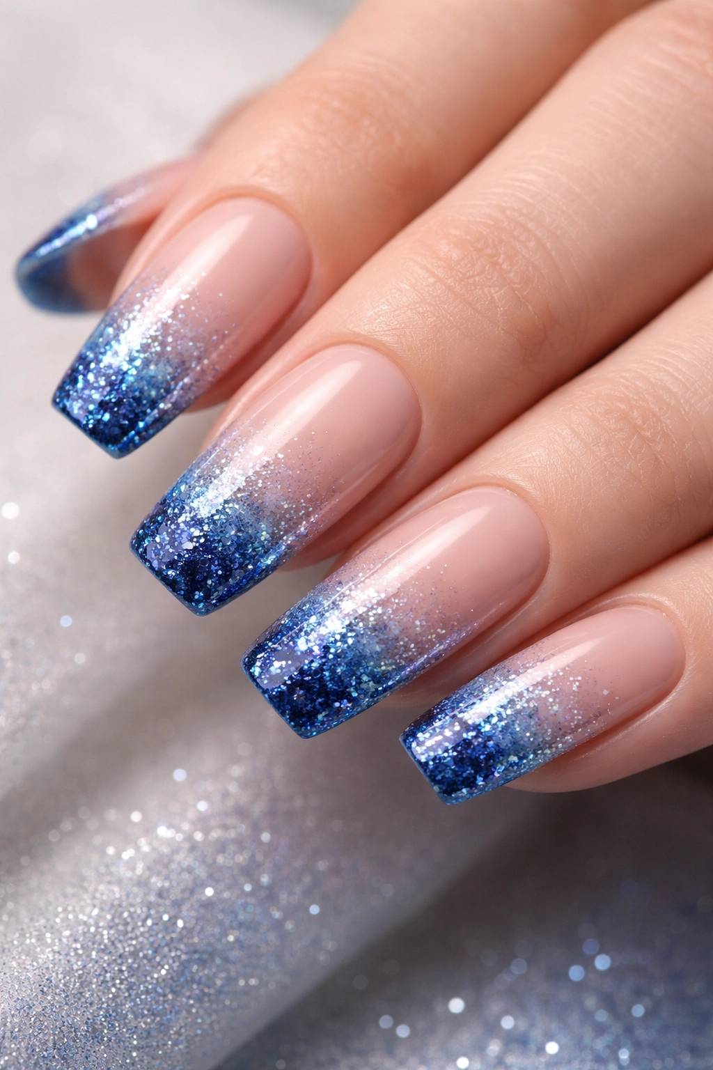 Nails with nude base and blue glitter ombre tips