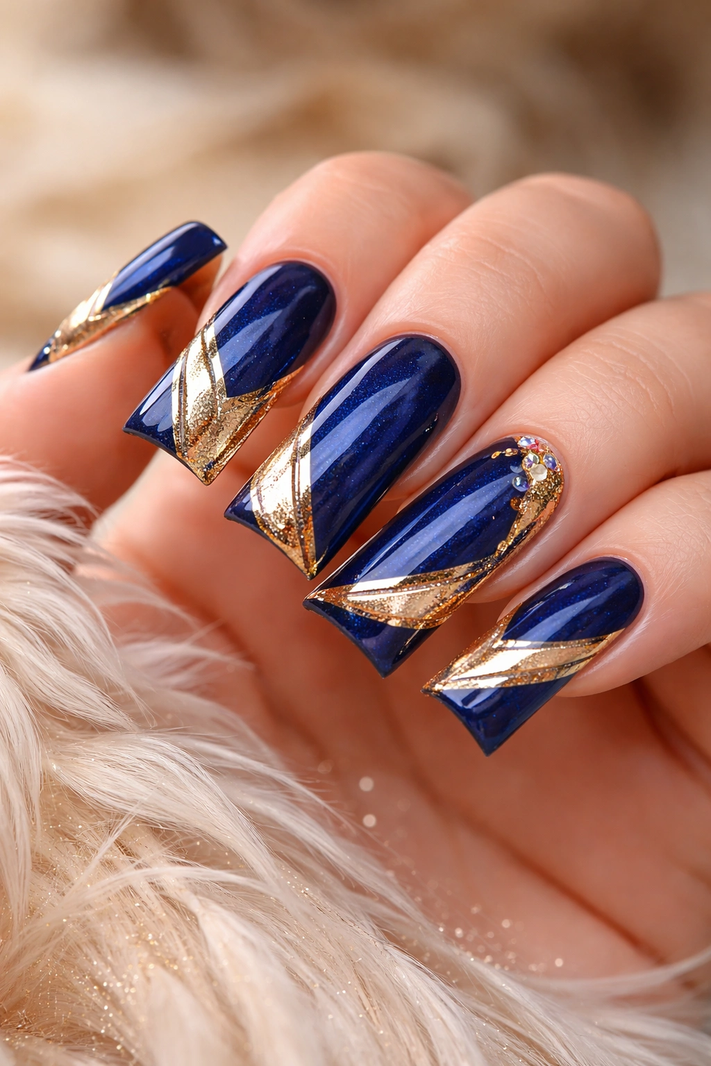 Blue and gold duck nails with metallic accents.