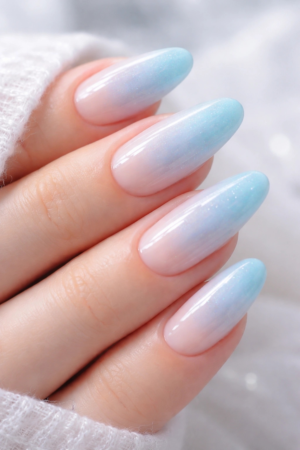Blue dream gradient nails with pale blue center fade on nude base