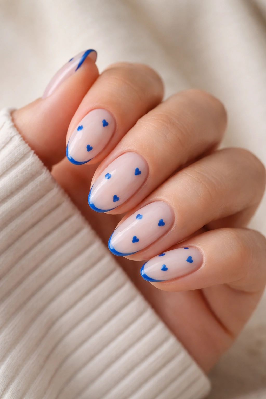 Close-up of short almond nails with blue hearts and subtle French tips on a milky base