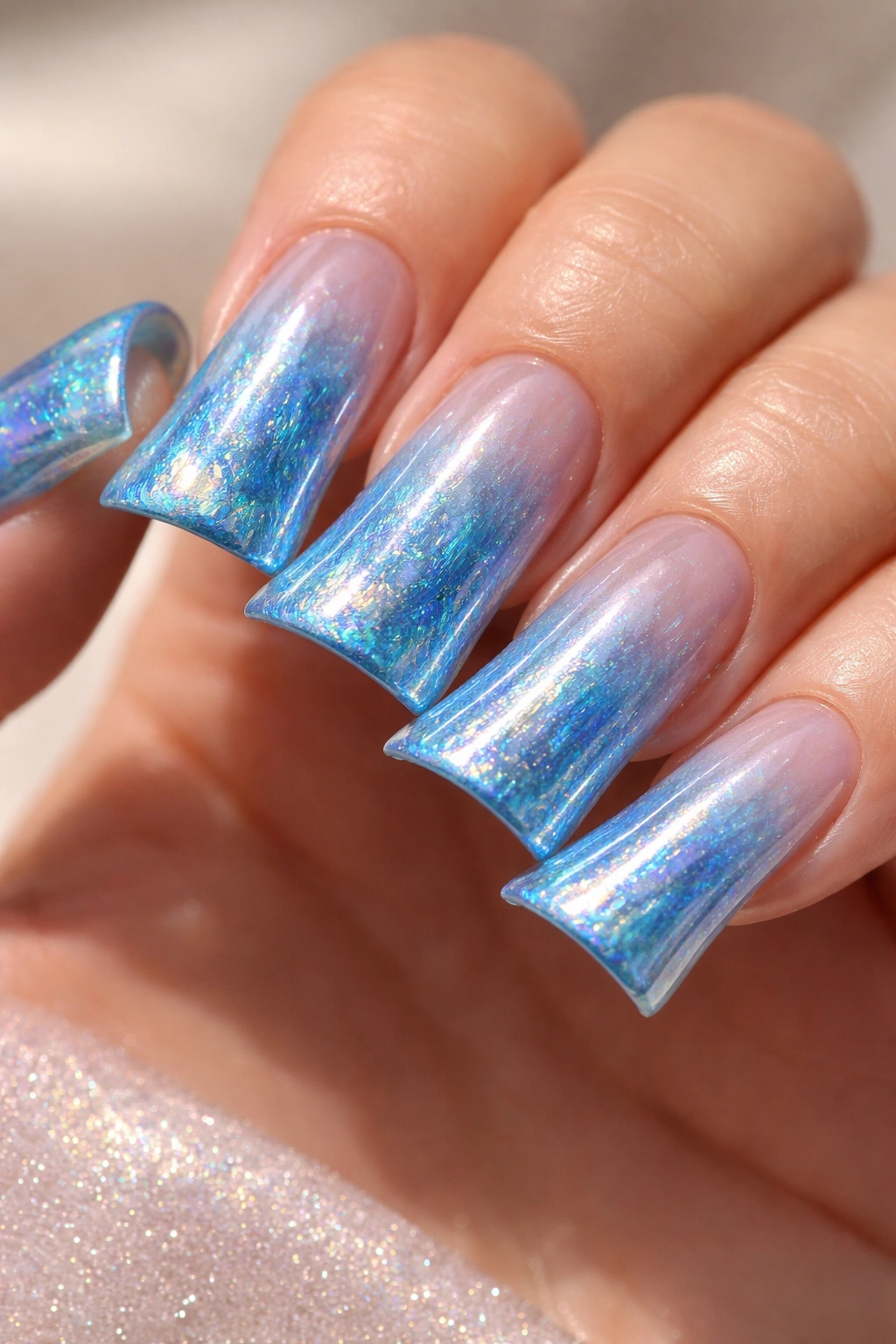 Close-up of blue holographic duck nails with iridescent reflections