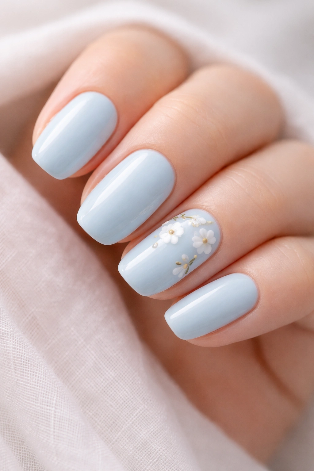 Close-up of light blue nails with delicate white floral accents