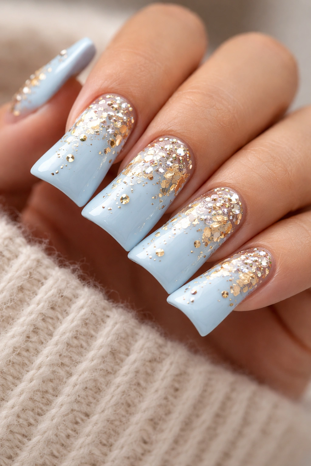 Blue nails with gold leaf and rhinestones