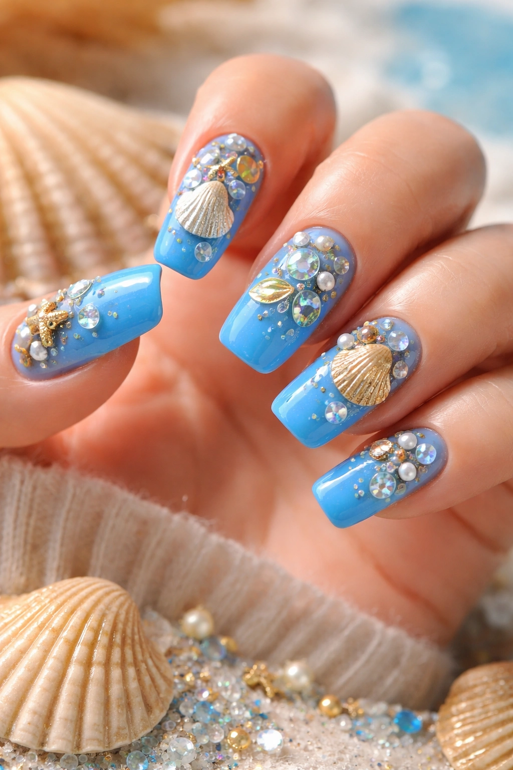 Blue nails with shell and sequin charms, glossy manicure, macro shot