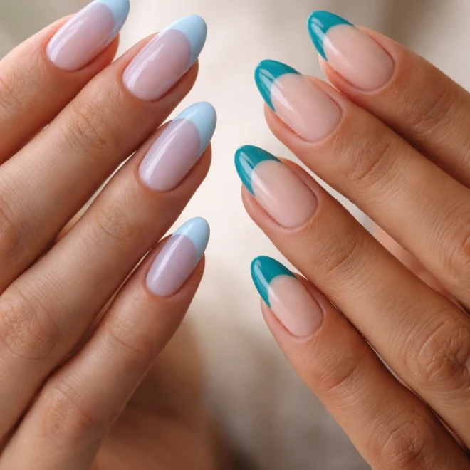 15 Short Blue French Tip Almond Nails That Pop