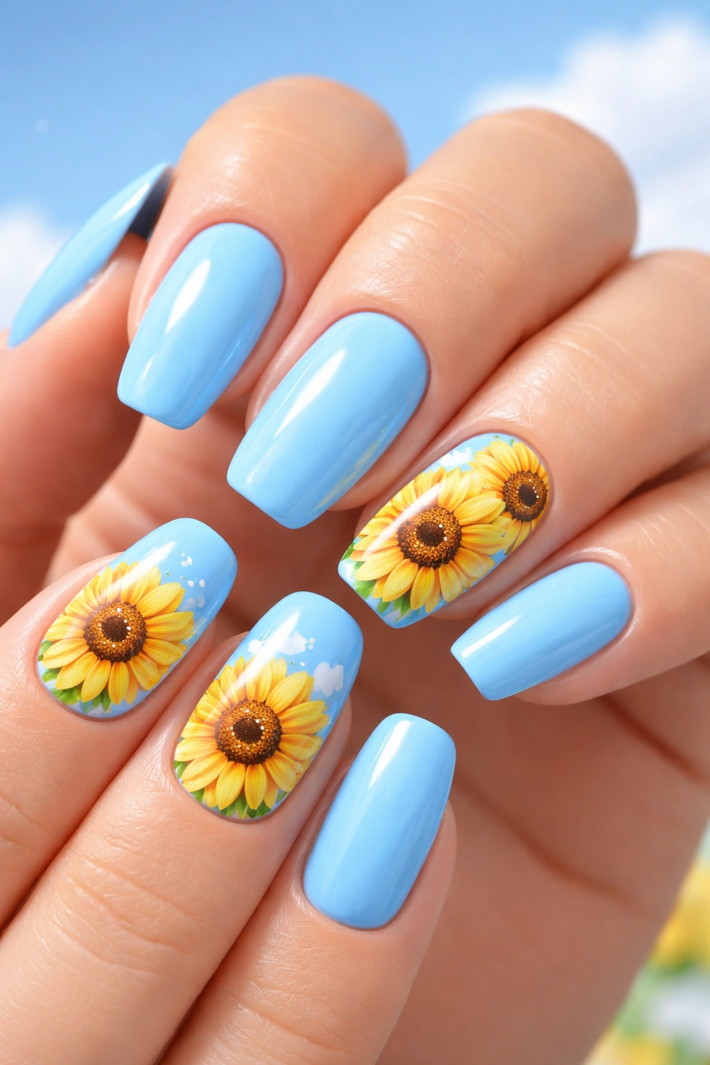 Nail art on blue nails featuring yellow sunflowers on accent nails.