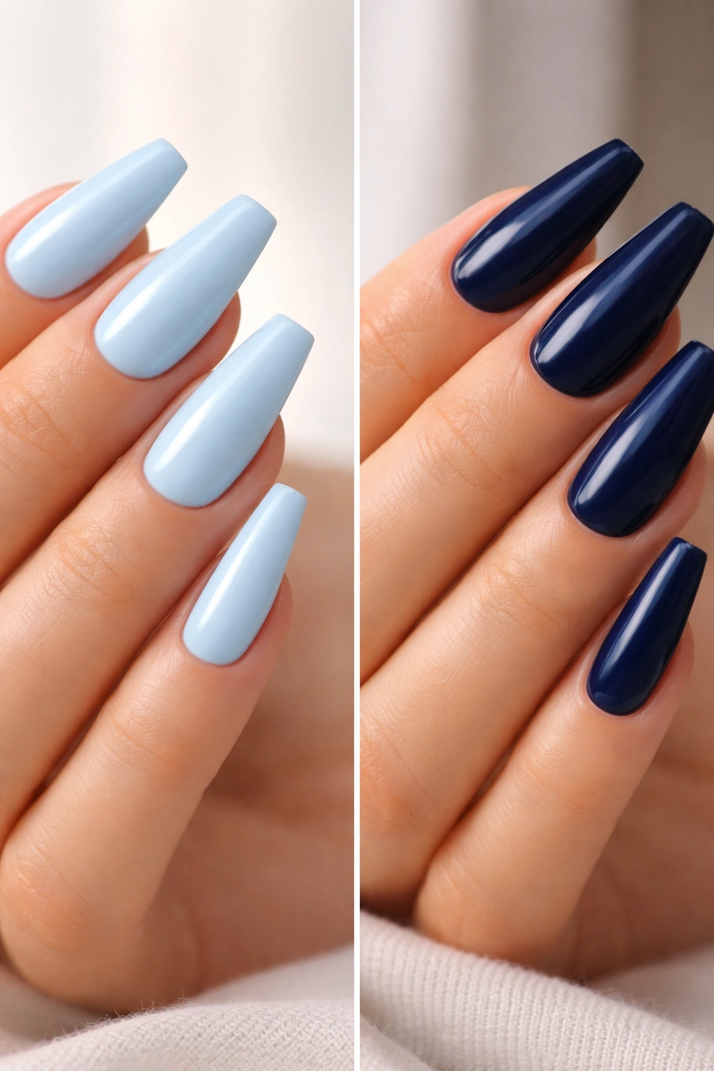 Close-up of blue ballerina nails on tapered shape with pale and navy tones