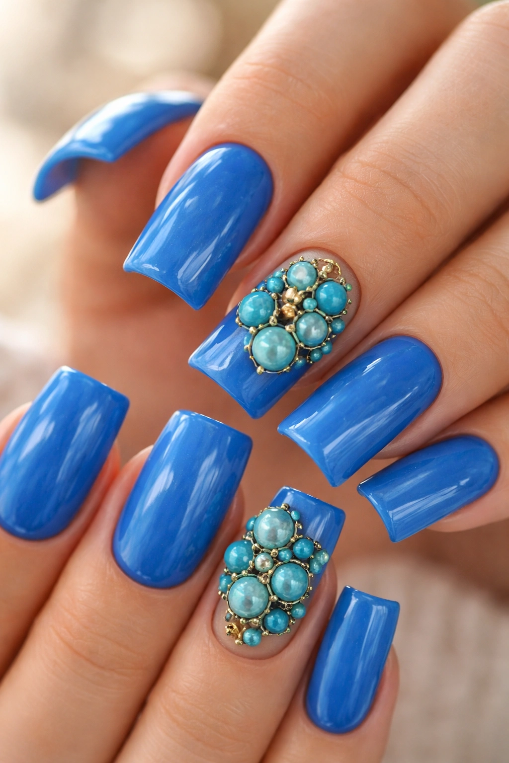 Blue nails with turquoise beads on an accent nail, macro shot