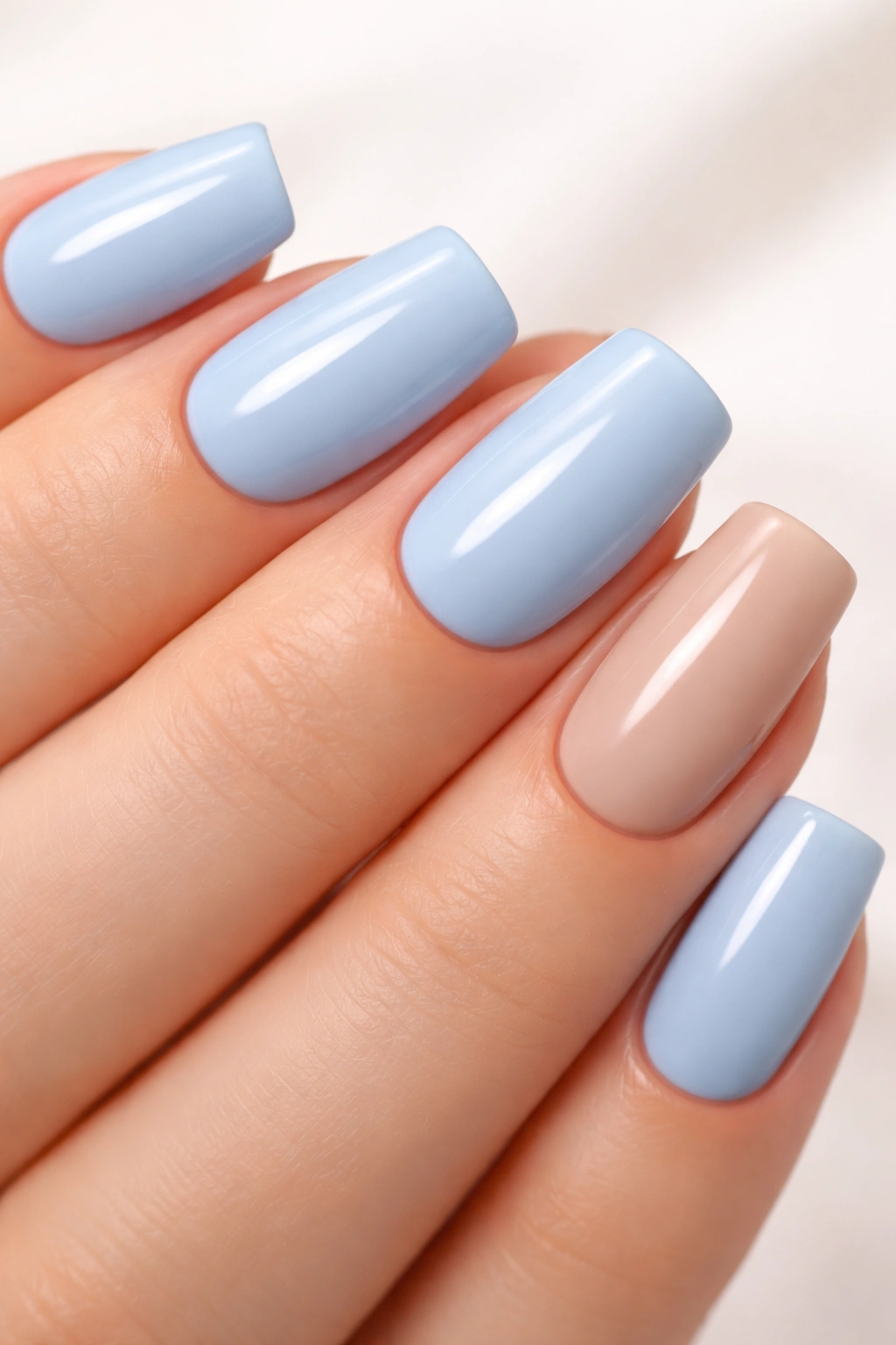 Close-up of nine blue nails with one nude accent nail on a neutral background