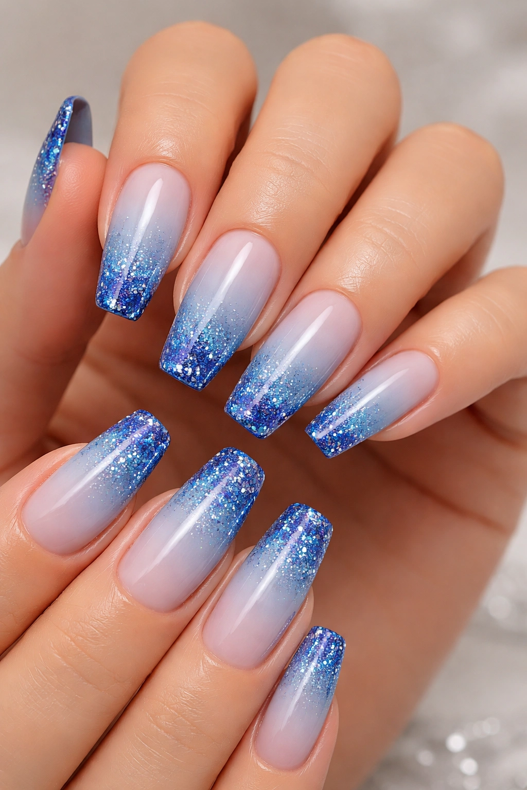 Close-up of blue ombré nails with glitter tips in a studio setting