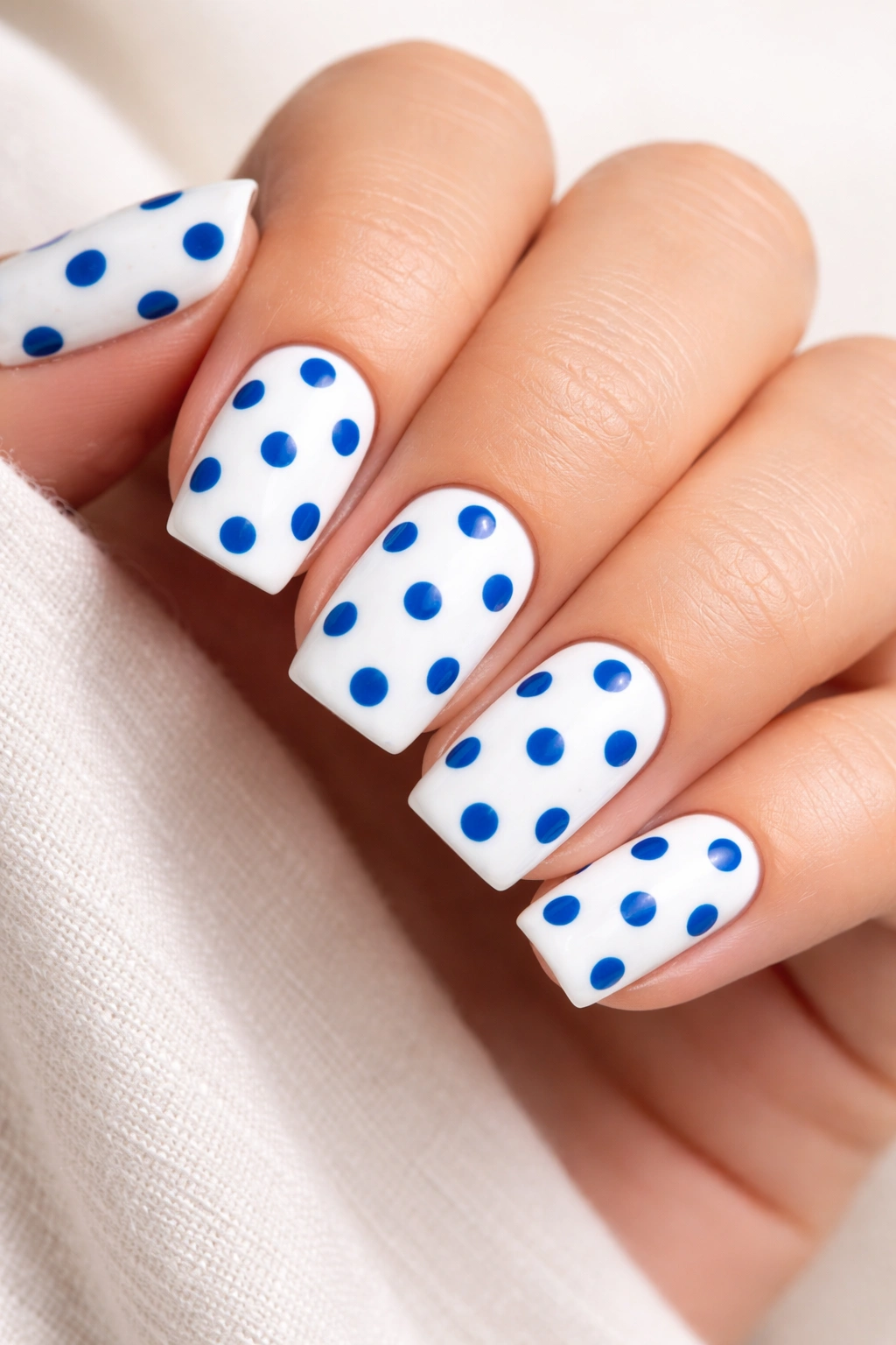 Close-up of white nails with blue polka dot pattern