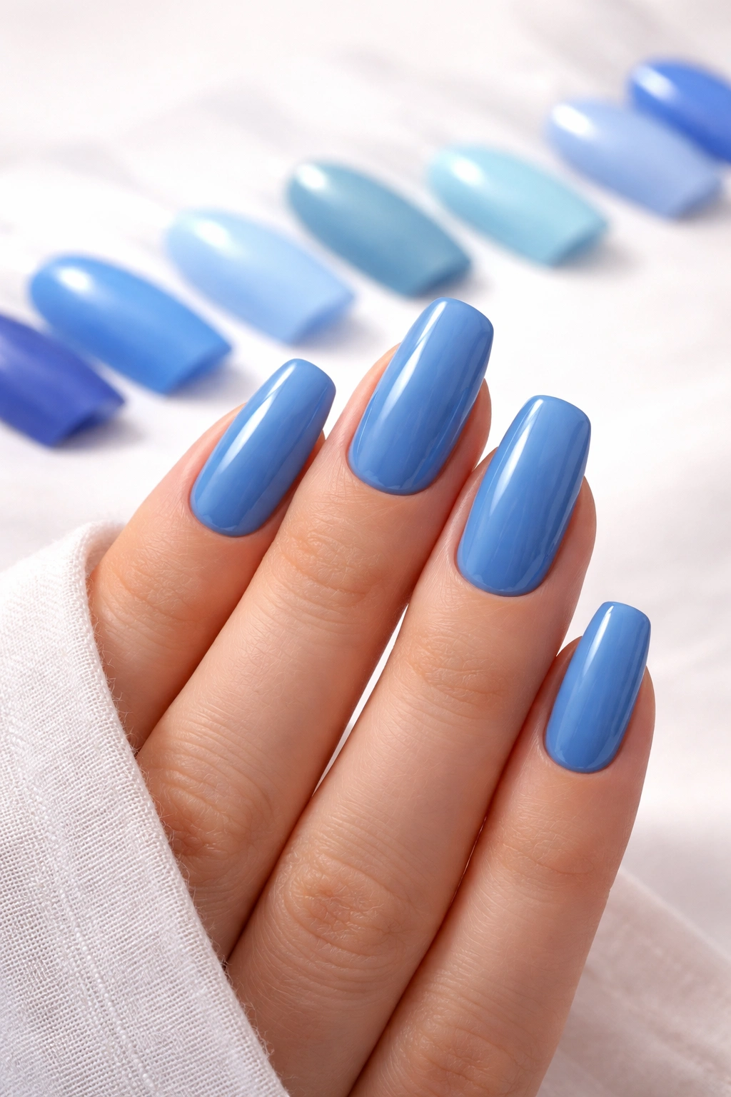 Hand with blue nails beside blurred blue swatches suggesting shade choice