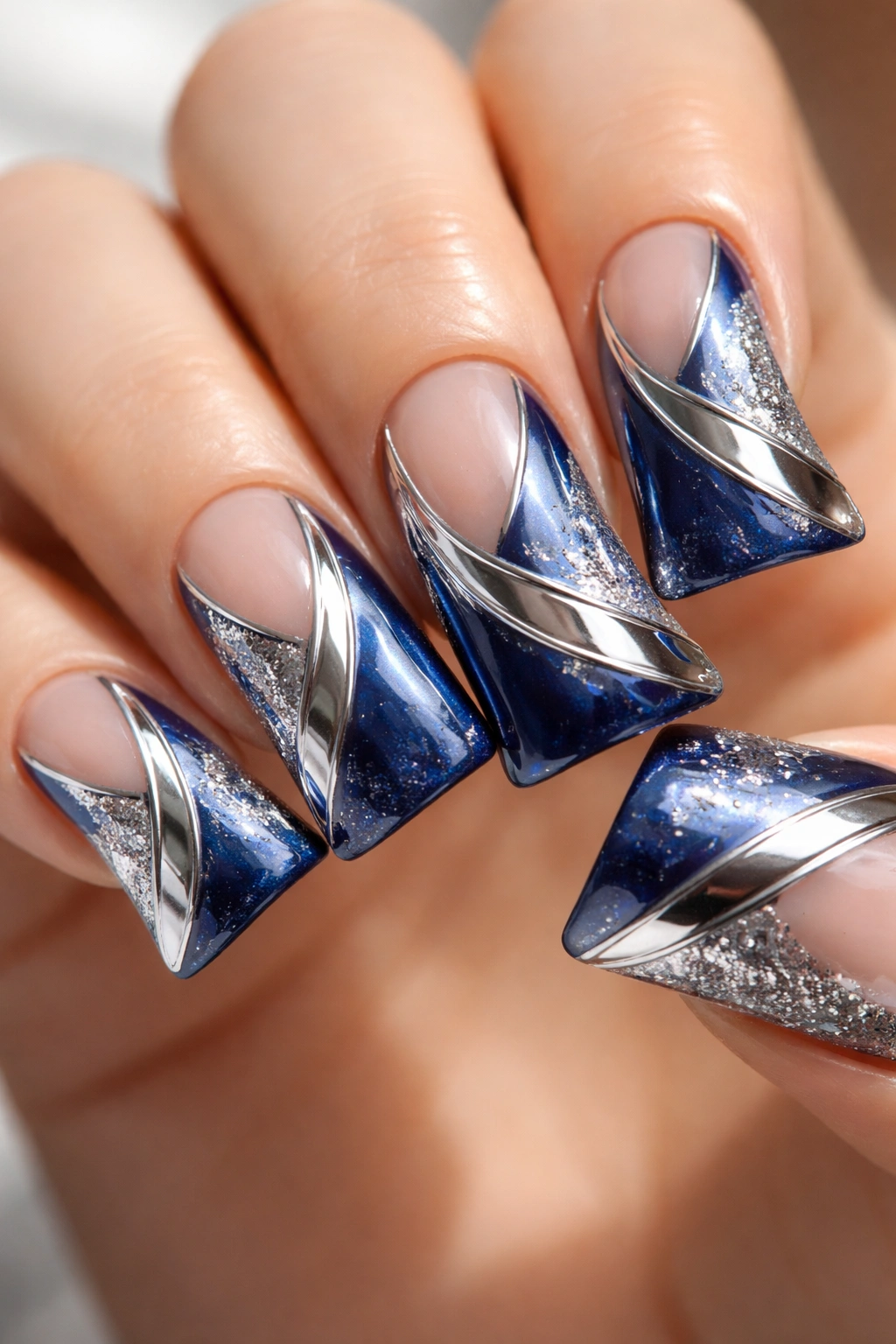 Close up of blue nails with silver accents and geometric split design