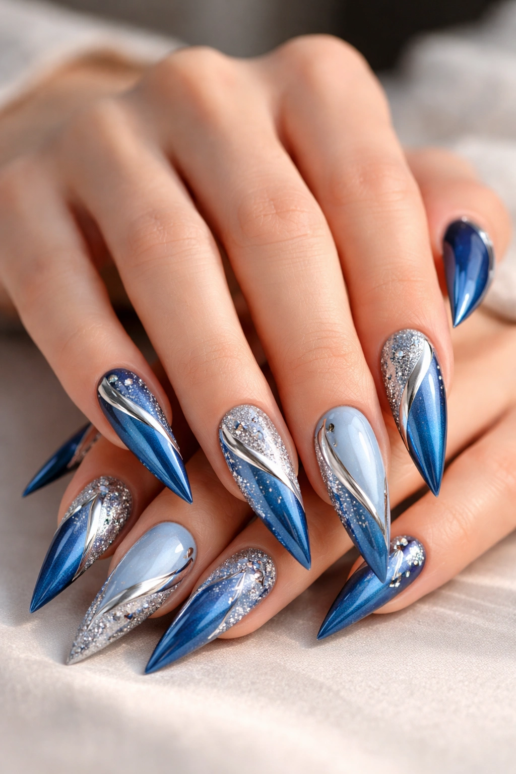 Close-up of blue and silver stiletto nails with glossy finish
