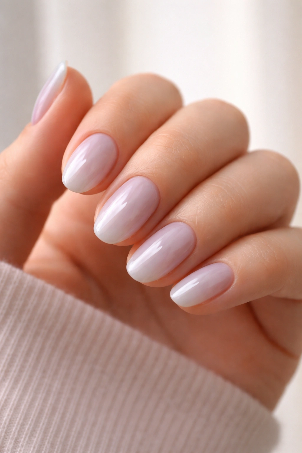 Close-up of barely-there blue-tinted short almond nails with high gloss